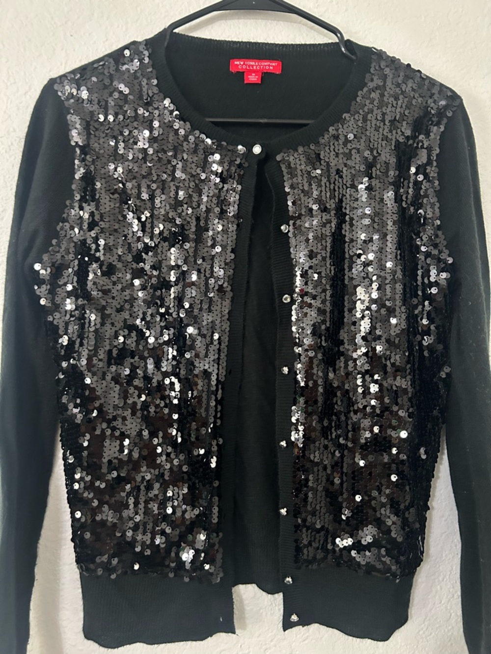 New York & Company Black Sequin Cardigan Shimmer Holiday Glam Sweater Size M - Picture 3 of 6